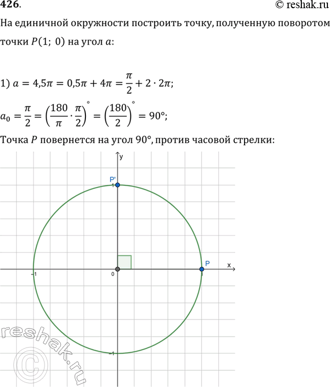 Изображение 426 На единичной окружности построить точку, полученную поворотом точки Р (1; 0) на угол:1) 4,5пи;2) 5,5пи;3) -6пи;4)...