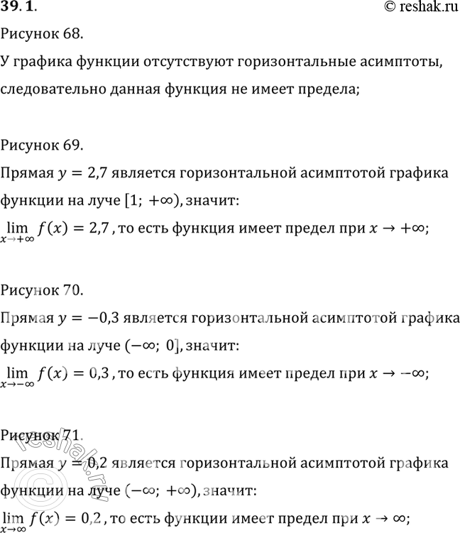 Изображение Какая из функций, графики которых изображены на рис. 70—73, имеет предел при х —> +оо? при х —> -оо? при х —>...