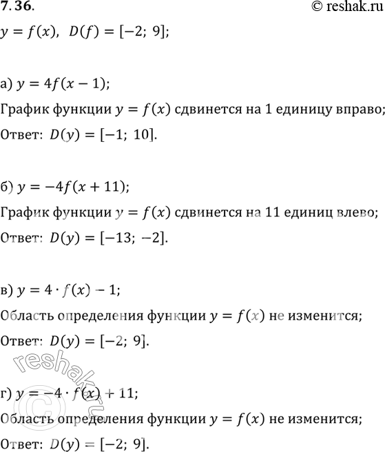 Изображение Пусть D(f) = [-2; 9]. Найдите область определения функции:а) у = 4f(x - 1); в) у = 4 • f(x) - 1;б) у = -4f(x + 11); г) у = -4 • f(x) +...
