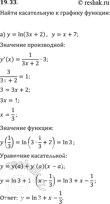 Изображение 19.33. Напишите уравнение той касательной к графику функции у = f(x), которая параллельна прямой у = kx + m:а) f(x)	=	ln(3x + 2),	у	=	х	+ 7;б) f(x)	=	ln (x2 +...