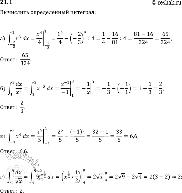 Изображение Вычислите определенный интеграл21.1 а)интеграл (-2/3;1)б)интеграл (1;3) dx/x2;в)интеграл (-1;2) x4dx;г)интеграл (4;9) dx/корень...