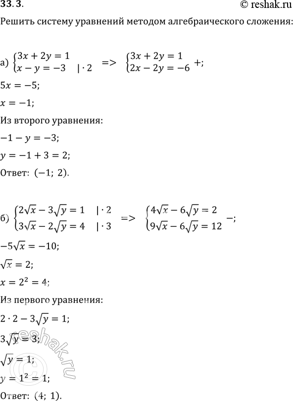 Изображение 33.3 Решите систему уравнений методом алгебраического сложения:а)система3x+2y=1,x-y=-3;б)система2 корень x - 3 корень y = 1,3 корень x - 2 корень...