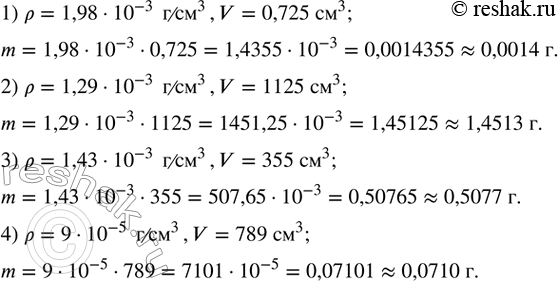 Изображение 271. Найти с точностью до 0,0001 г массу газа плотности ?, занимающую объем V, если:1) ?=1,98•?10?^(-3)   г/(см^3 ),V=0,725 см^3; 2) ?=1,29•?10?^(-3)   г/(см^3...