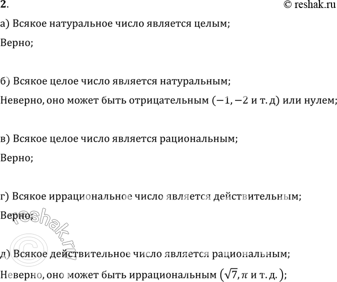 Изображение 2. Верно ли утверждение:а) всякое натуральное число является целым;б) всякое целое число является натуральным;в) всякое целое число является рациональным;г)...