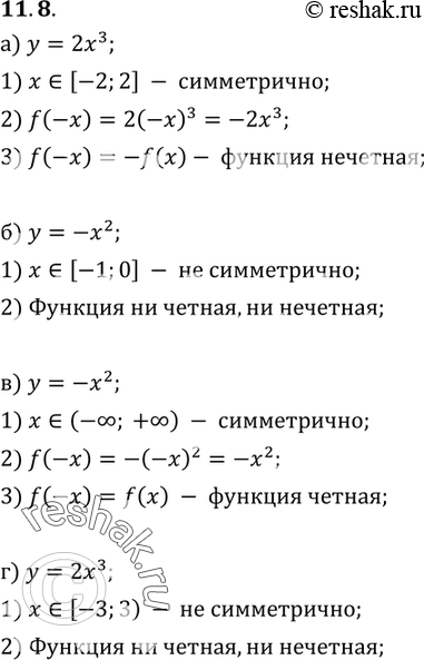 Изображение 11.8. Исследуйте на четность функцию:а) y=2x3, x принадлежит [-2;2];б) y=-x2, x принадлежит [-1;0];в) y=-x2, x  принадлежит (- бесконечность; +бесконечность );г)...