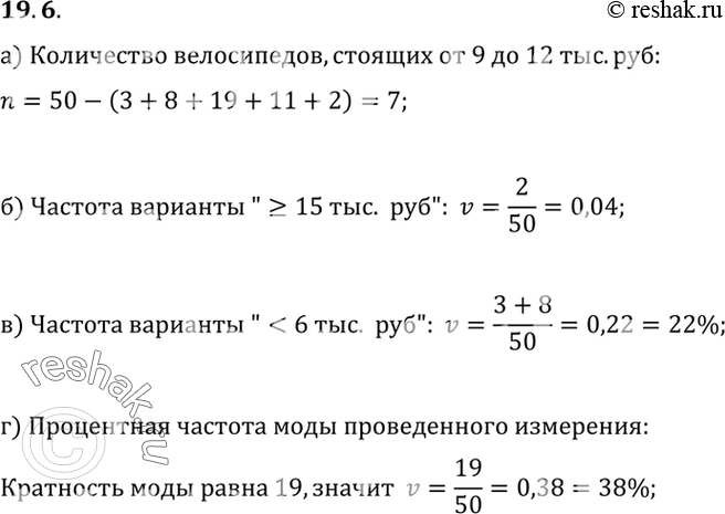 Изображение 19.6 В специализированном спортивном магазине продается 50 видов велосипедов. Они распределены по цене (граничную цену относят к более высокой категории):Цена, тыс....