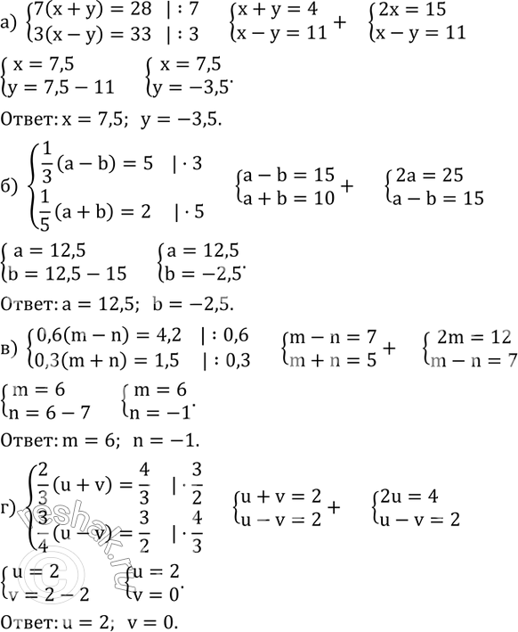 Изображение 646. Решите систему уравнений:а) {(7(x+y)=28     3(x-y)=33)+  б) {(1/3 (a-b)=5     1/5 (a+b)=2)+  в) {(0,6(m-n)=4,2     0,3(m+n)=1,5)+  г) {(2/3...