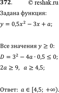 Изображение 372. При каких значениях а функция у = 0,5х^2 - Зх + а принимает неотрицательные значения при всех действительных значениях...