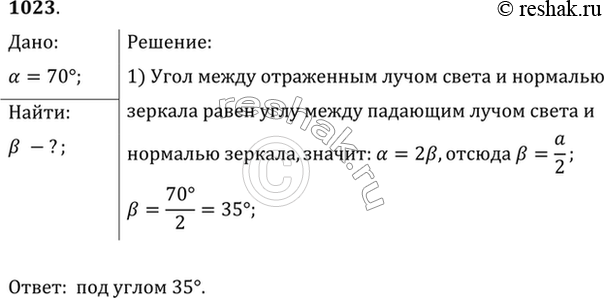 Изображение Под каким углом должен падать луч света на плоское зеркало, чтобы угол между отраженным и падающим лучами был равен...