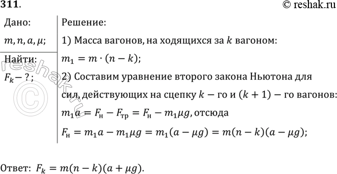 Изображение Электровоз тянет состав, состоящий из п одинаковых вагонов, с ускорением а. Найти силу натяжения сцепки между k-м (считая от начала состава) и (k + 1)-м вагонами, если...
