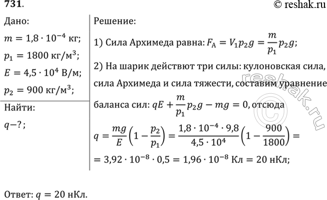 Изображение Положительно заряженный шарик массой 0,18 г и плотностью вещества 1800 кг/м3 находится в равновесии в жидком диэлектрике. В диэлектрике создано однородное электрическое...