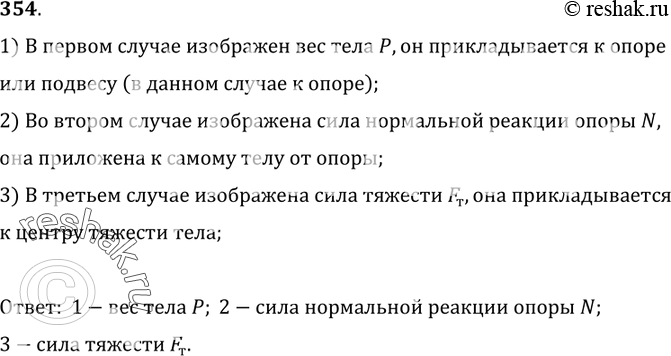 Изображение 354.	Назовите силы, изображенные на рисунке 72. Перерисуйте его в тетрадь и обозначьте каждую силу соответствующей буквой.1) В первом случае изображен вес тела P, он...