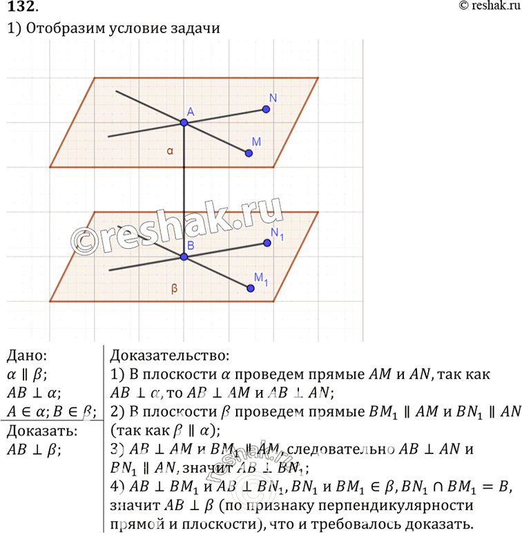 Изображение 132 Докажите, что если одна из двух параллельных плоскостей перпендикулярна к прямой, то и другая плоскость перпендикулярна к этой...