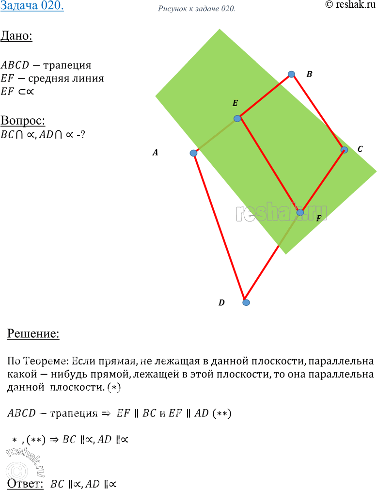 Изображение 20 Средняя линия трапеции лежит в плоскости а. Пересекают ли прямые, содержащие ее основания, плоскость а? Ответ...