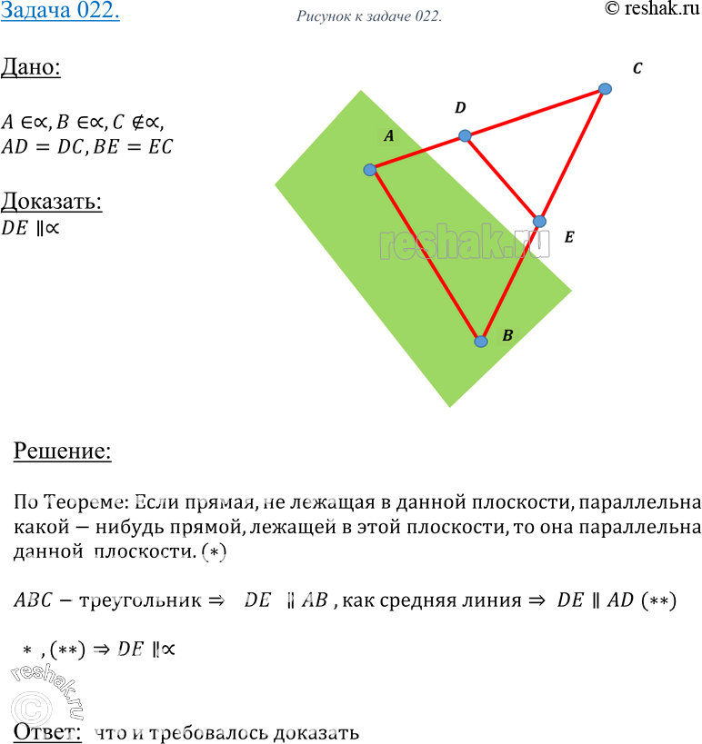 Изображение 22 Точки A и B лежат в плоскости а, a точка C не лежит в этой плоскости. Докажите, что прямая, проходящая через середины отрезков AC и ВС, параллельна плоскости...