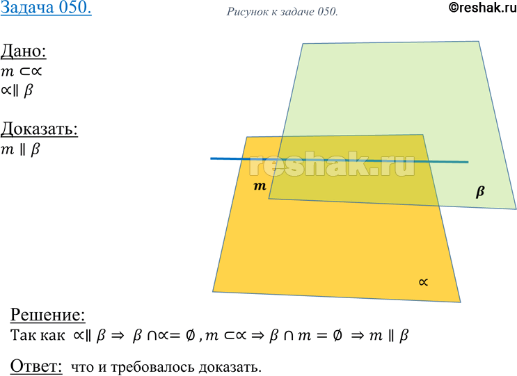 Изображение 50 Плоскости а и P параллельны, прямая m лежит в плоскости а. Докажите, что прямая т. параллельна плоскости...