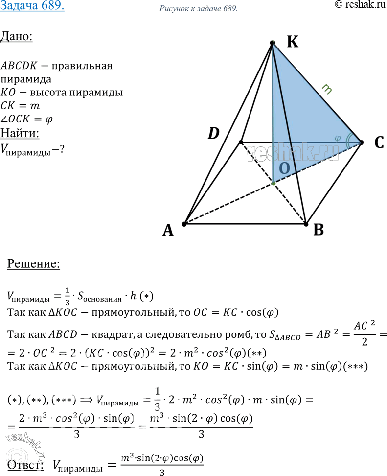 Изображение 689 Боковое ребро правильной четырехугольной пирамиды равно m и составляет с плоскостью основания угол ф. Найдите объем...