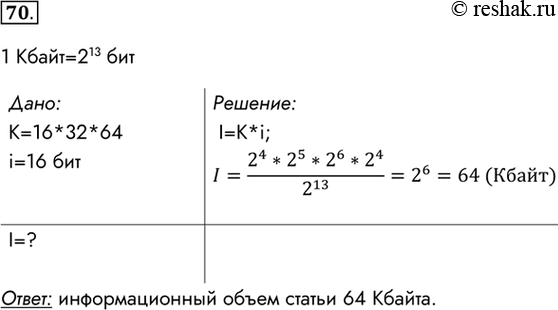Изображение 70. Реферат, набранный на компьютере, содержит 16 страниц, на каждой странице 32 строки, в каждой строке 64 символа. Определите информационный объём статьи в кодировке...