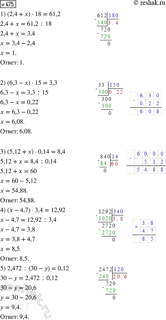 Изображение 475. Решите уравнение.1) (2,4 + x) · 18 = 61,2;2) (6,3 - x) · 15 = 3,3; 3) (5,12 + x) · 0,14 = 8,4; 4) (x - 4,7) · 3,4 = 12,92;5) 2,472 : (30 - y) = 0,12; 6)...