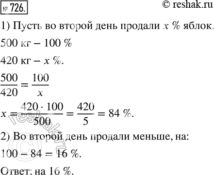 Изображение 726. В первый день продали 500 кг яблок, а во второй — 420 кг. На сколько процентов меньше продали яблок во второй день, чем в...